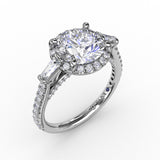 14kt White Gold 0.69ct Natural Round and Baguette Diamond with Round Diamond Halo Semi Mount Engagement Ring