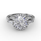 14kt White Gold 0.69ct Natural Round and Baguette Diamond with Round Diamond Halo Semi Mount Engagement Ring