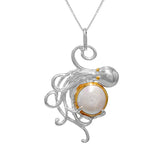 Sterling Silver 22Kt. Yellow Gold vermeil Octopuss with Fresh Water Pearl on 18" square box chain 18"