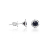 14kt. White Gold Round Natural Diamond Halo with Genuine Round AAA Sapphire center Stud earrings on post