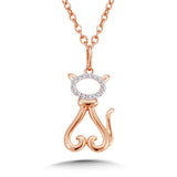 10Kt. Rose Gold 0.04Ctdw Natural Round Diamond Cat Pendant On Fine 18" Rope Chain