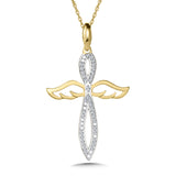10Kt. Two Tone 1/10Ctdw Natural Round Diamond Angel Wing Cross On Fine Rope Chain 18"