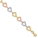 10kt Rose Gold, Yellow Gold and White Gold Heartlink Bracelet 7.5"