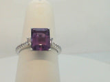 14Kt. White Gold Natural Round And Baguette Diamond Ring With Emerald Cut Genuine Amethyst Ring