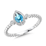 14Kt. White Gold .05Ctdw 0.30Ctgw Natural Round Diamond And Genuine Swiss Blue Topaz Ring With Halo And Ribbed Shank