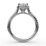 14Kt. White Gold Delicate Pear Shaped Halo Pave' band Natural Round Diamond Semi Mount by Fana