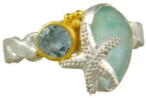 Sterling Silver 22K Vermeil Star Fish Ring Size 7 With Swiss Blue Topaz And Amazonite Mother Of Pearl By Michou