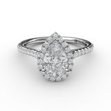 14Kt. White Gold Delicate Pear Shaped Halo Pave' band Natural Round Diamond Semi Mount by Fana