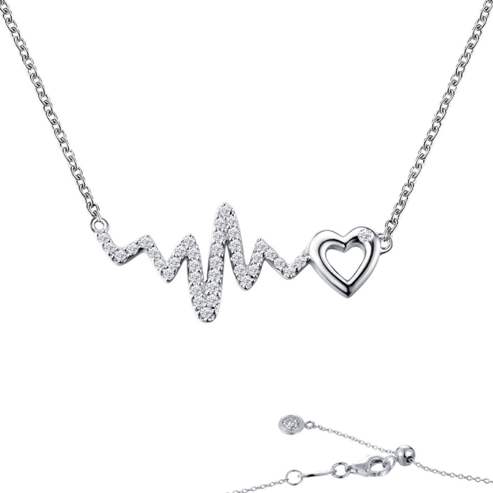 PLAYFUL AND LOVELY. THIS ADJUSTABLE NECKLACE, WITH A DAINTY HEART ALONG A HEARTBEAT DESIGN, IS SET WITH LAFONN'S SIGNATURE LASSAIRE STONES IN STERLING SILVER BONDED WITH PLATINUM.