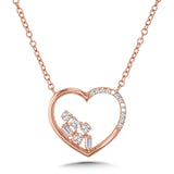 10Kt Rose Gold Heart Shaped Necklace with Round, Princess and Baguette shaped Naural Diamonds