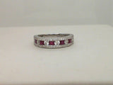 14Kt. White Gold 0.60Ctdw 0.48Ctgw Natural Round Diamond And Genuine Step Cut Genuine Ruby Band Size 6.5