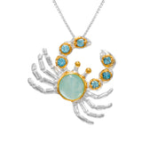 Sterling Silver 22ky gold vermeil Crab pendant with Blue Topaz and Amazonite on fine Box chain by Michou