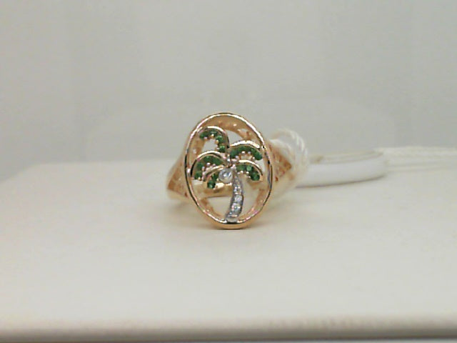 14Kt. Two Tone 15mm Single Palm Tree Ring Natural Round Diamond Genuine  Green Tsavorite Garnets By Denny Wong Size 7