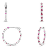 14kt. White Gold  Natural Round Diamond and Genuine Fine Quality Round Ruby inside /out hoop earrings with Vault Lock