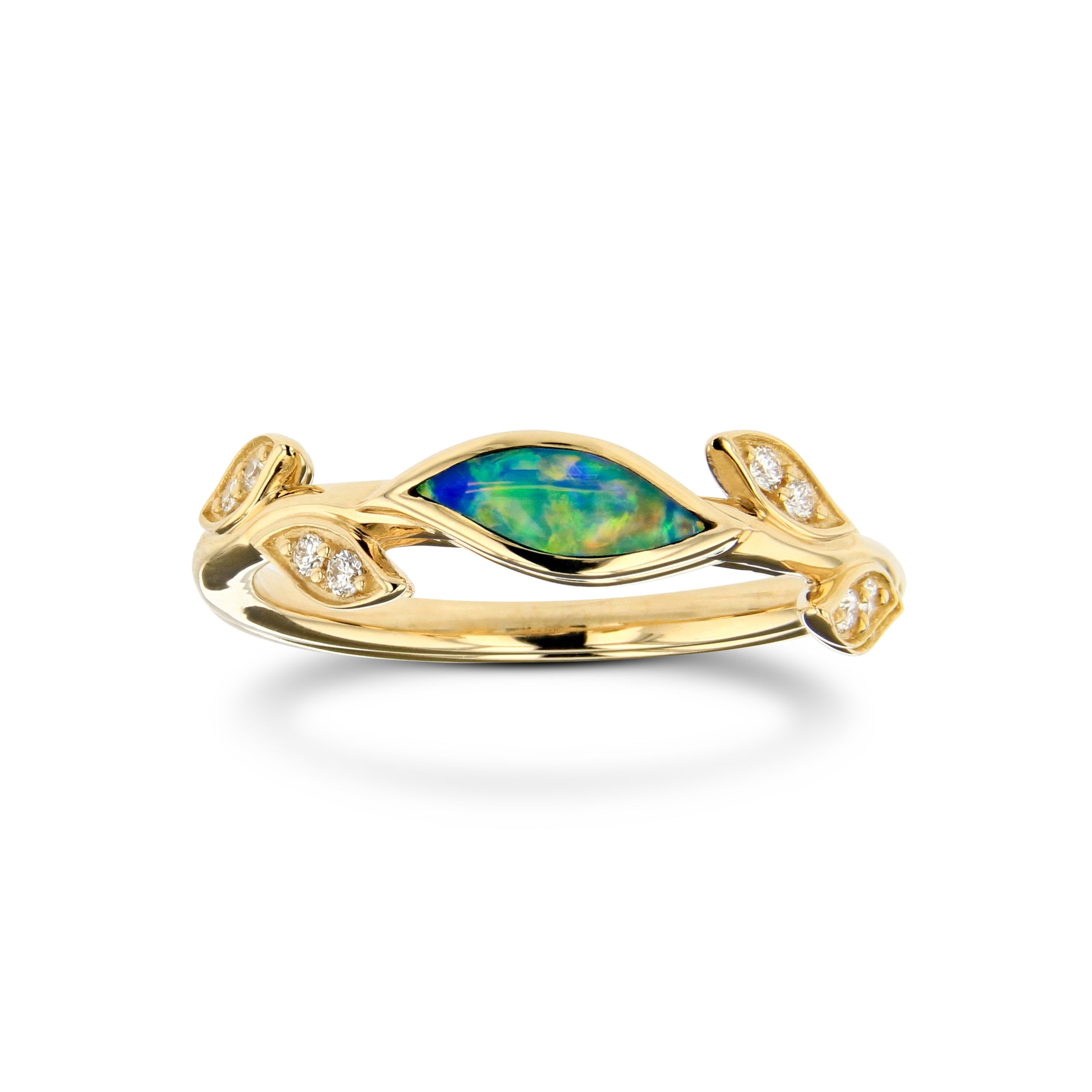 14Kt. Yellow Gold Natural Round Diamond and Five Star Opal Branch Style Ring Size 7 By Kabana