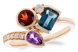 14kt Rose Gold Natural Semi Precious Garnet, London Blue Topaz, and Amethyst and Natural Round Diamonds Gemstone Fashion Ring