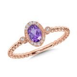 14Kt. Rose Gold .07Ctdw 0.37Ctgw Natural Round Diamond And Genuine Amethyst Ring With Halo And Ribbed Shank