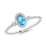 14Kt. White Gold .07Ctdw 0.55Ctgw Natural Round Diamond And Genuine Swiss Blue Topaz Ring With Halo And Ribbed Shank