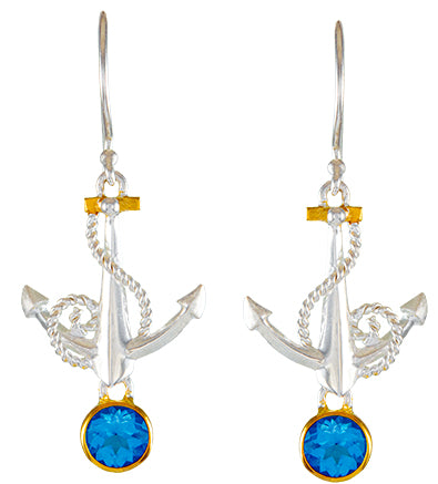 Sterling Silver 22Kt. Gold Vermeil Swiss Blue Topaz Anchor French Wire Earrings By Michou