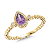 14Kt. Yellow Gold .05Ctdw 0.30Ctgw Natural Round Diamond And Genuine Amethyst Ring With Halo And Ribbed Shank