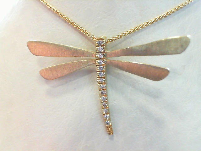 14kt Yellow Gold 0.07Ctdw Natural Round Diamond Dragon Fly Necklace