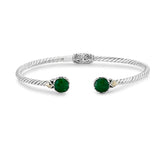Sterling Silver and 18kt 7mm Round Emerald Twisted Cable Bangle By Samuel B