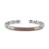 Sterling Silver and 18kt Yellow Gold Open Garnet Hinged Open Bangle Bracelet by Samuel B