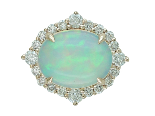 14Kt Rose Pendant W/1.54Ct Oval Genuine Opal 0.30Ct Natural Round Diamonds