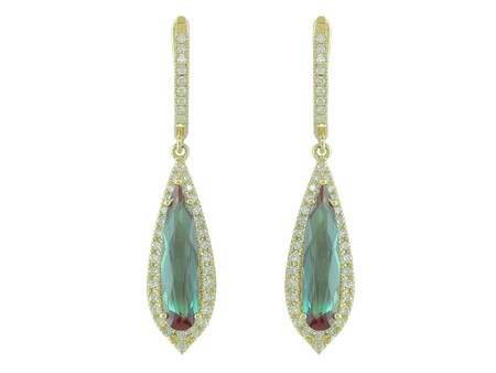 14Kt. Yellow Gold 80=0.48Ctdw 2=3.24Ctgw Natural Round Diamond And Lab Grown Alexandrite Drop Earrings