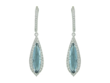 14Kt. White Gold 80=0.47Ctdw 2=3.19Ctgw Natural Round Diamond And Pear Shaped London Blue Topaz Earrings