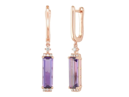14Kt. Rose Gold 14=0.09Ctdw 2=2.63Tgw Natural Round Diamond And Baguette Shaped Amethyst Drop Earrings